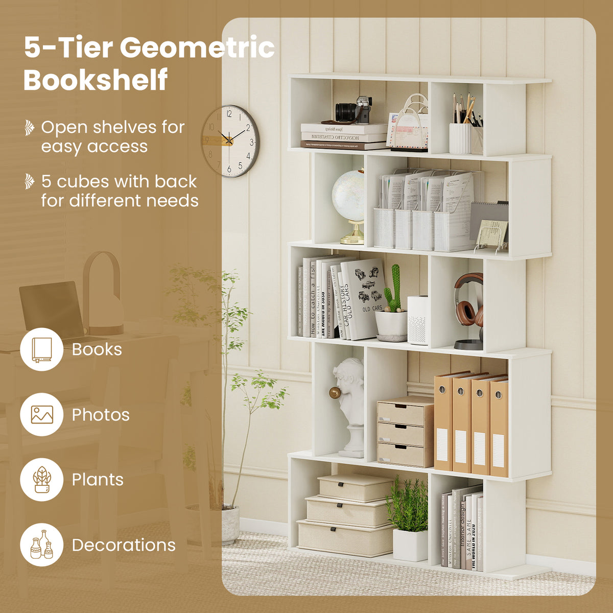Geometric Bookshelf 5-Tier Bookcase with Open Shelves and Closed-back Cubes