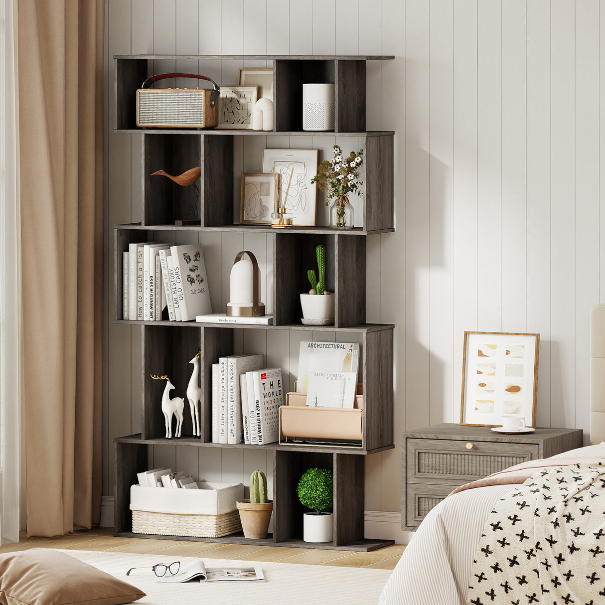 Geometric Bookshelf Set of 2 5-Tier Bookcase with Open Shelves and Closed-back Cubes