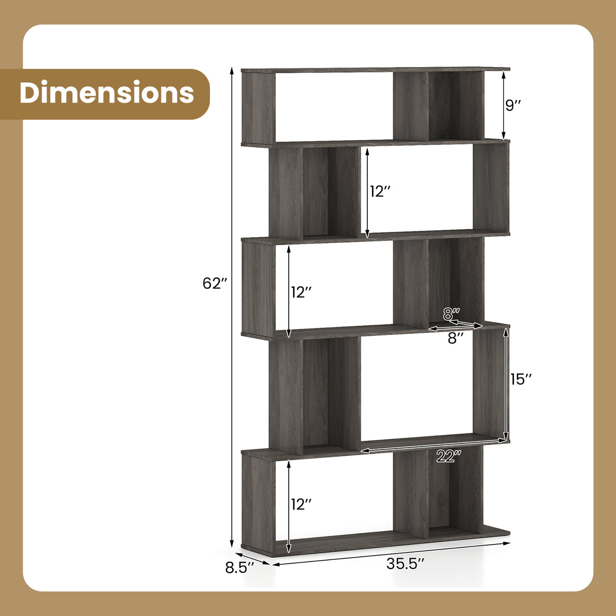 Geometric Bookshelf Set of 2 5-Tier Bookcase with Open Shelves and Closed-back Cubes