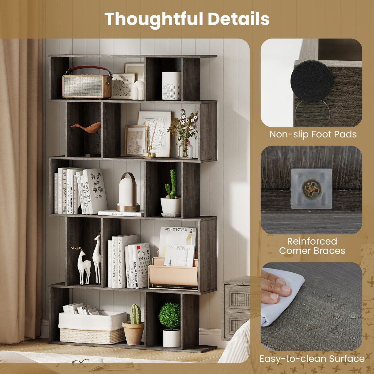 Geometric Bookshelf Set of 2 5-Tier Bookcase with Open Shelves and Closed-back Cubes