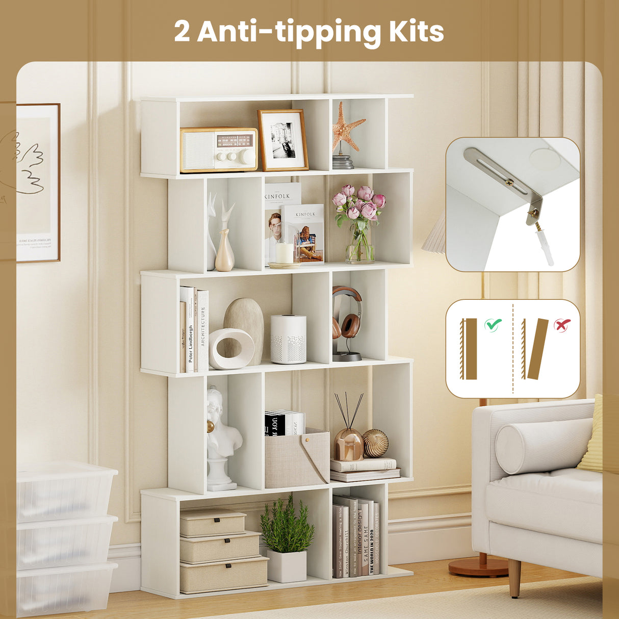 Geometric Bookshelf Set of 2 5-Tier Bookcase with Open Shelves and Closed-back Cubes