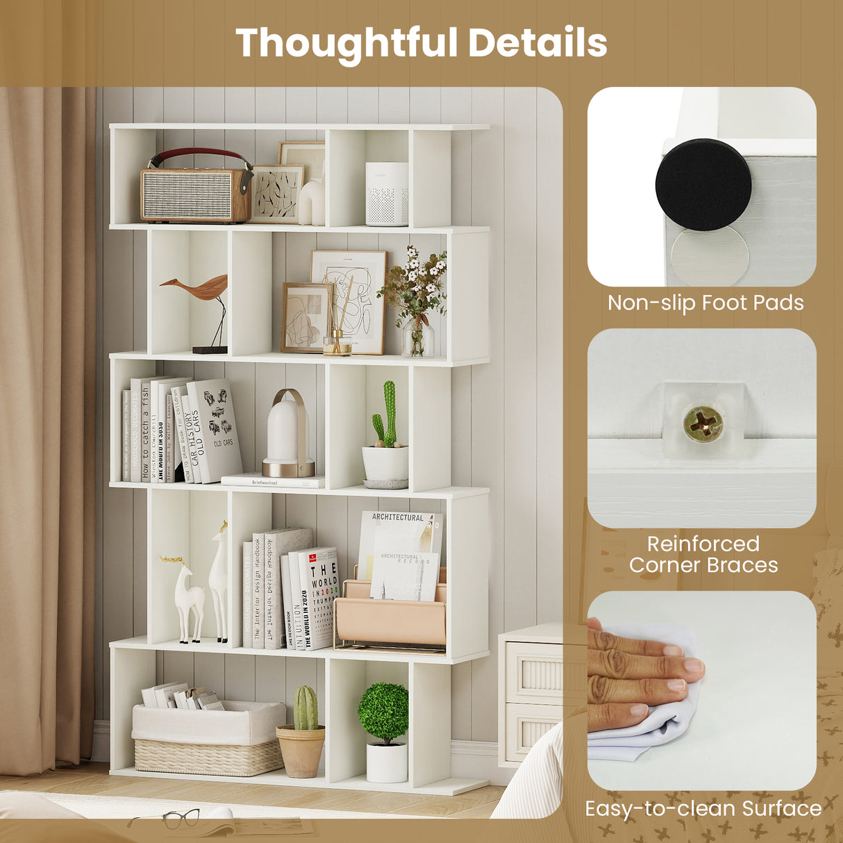 Geometric Bookshelf Set of 2 5-Tier Bookcase with Open Shelves and Closed-back Cubes