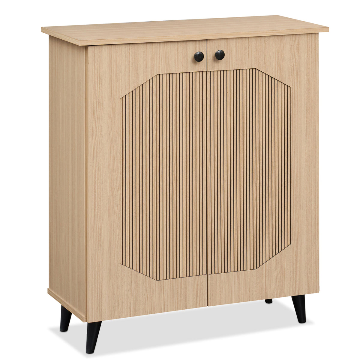 Geometric Cabinet 2âDoor PUâlike Freestanding Footwear Storage with Carved Panels for Entryway Hallway Living Room-Natural