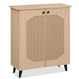 Geometric Cabinet 2âDoor PUâlike Freestanding Footwear Storage with Carved Panels for Entryway Hallway Living Room-Natural