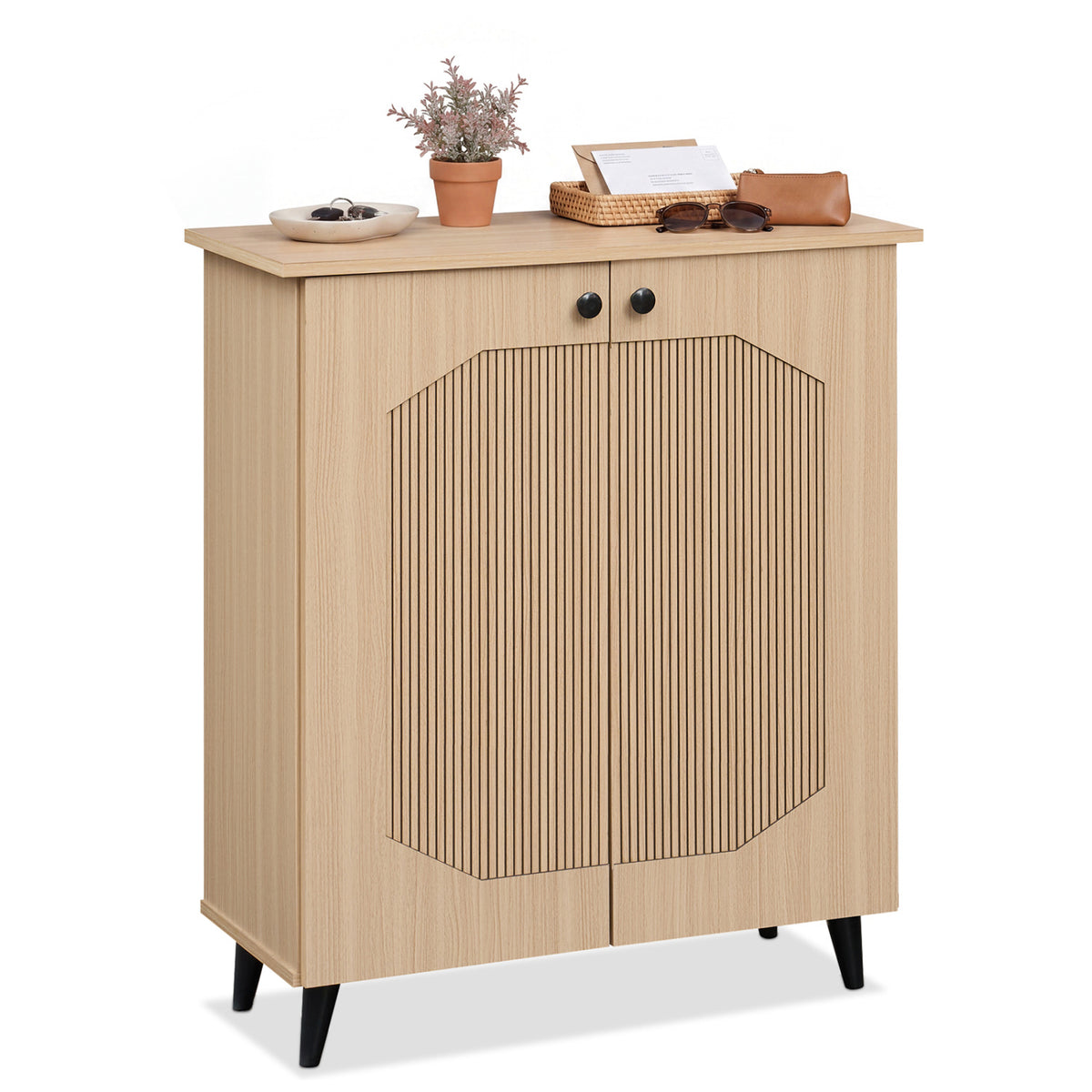 Geometric Cabinet 2âDoor PUâlike Freestanding Footwear Storage with Carved Panels for Entryway Hallway Living Room-Natural