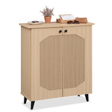 Geometric Cabinet 2âDoor PUâlike Freestanding Footwear Storage with Carved Panels for Entryway Hallway Living Room-Natural