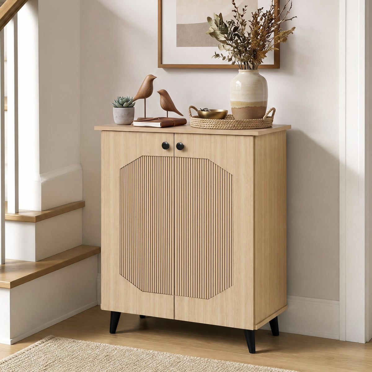 Geometric Cabinet 2âDoor PUâlike Freestanding Footwear Storage with Carved Panels for Entryway Hallway Living Room-Natural