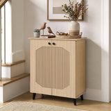 Geometric Cabinet 2âDoor PUâlike Freestanding Footwear Storage with Carved Panels for Entryway Hallway Living Room-Natural