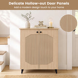 Geometric Cabinet 2âDoor PUâlike Freestanding Footwear Storage with Carved Panels for Entryway Hallway Living Room-Natural