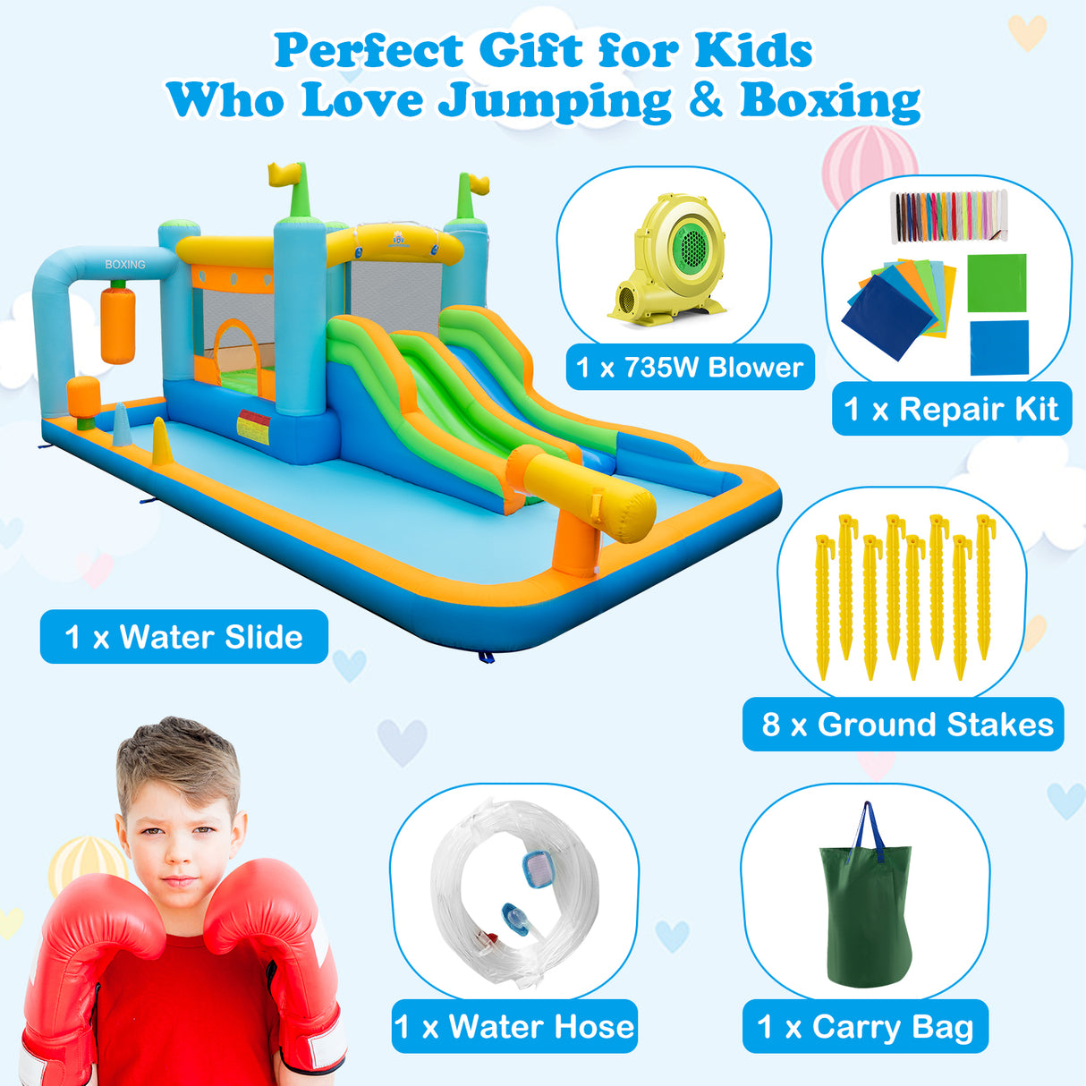 Inflatable Water Slide for Kids Aged 3-10 Years with 735W Blower