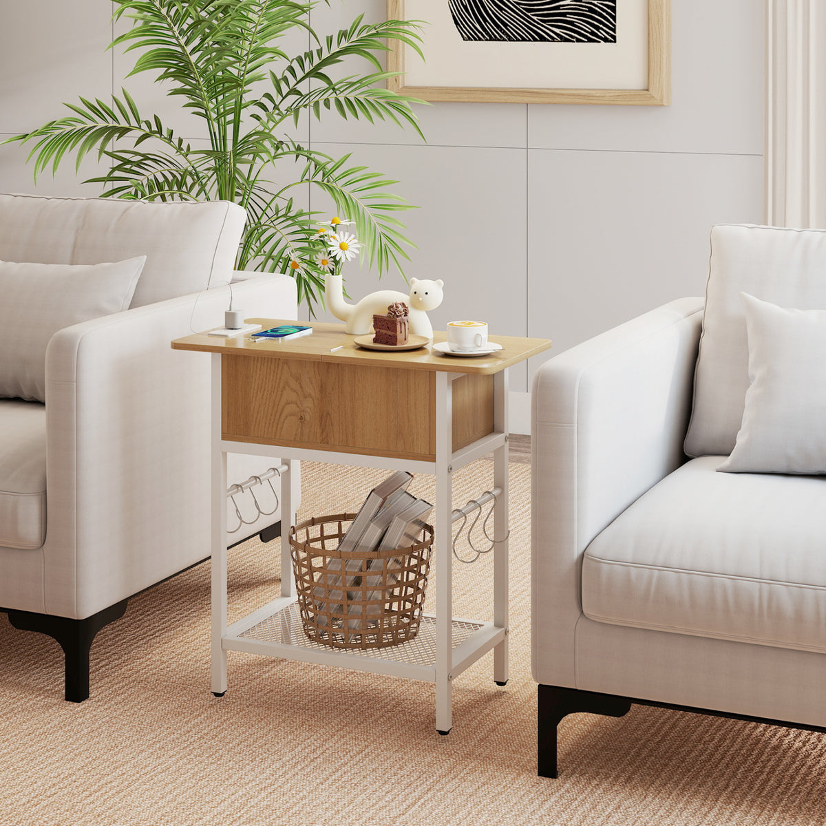 End Table with Charging Station USB Ports Outlets and Flip Top