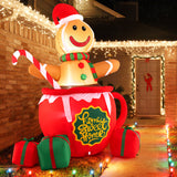 7 Feet Inflatable Gingerbread Man in Hot Cocoa Mug with Built-in LED Lights and Gift Boxes