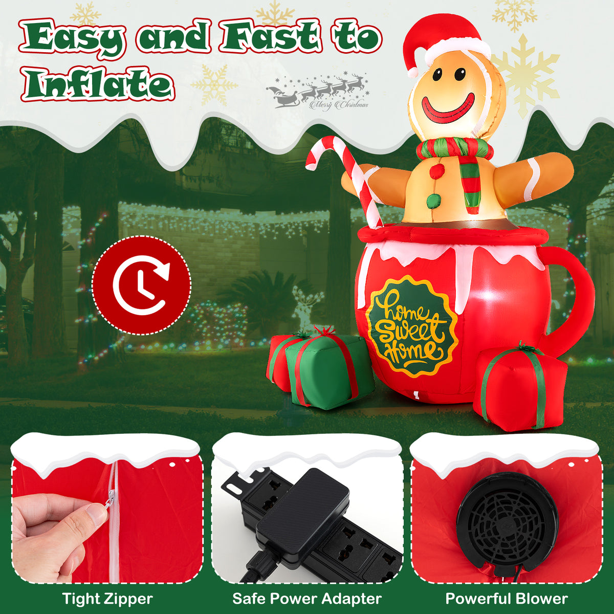 7 Feet Inflatable Gingerbread Man in Hot Cocoa Mug with Built-in LED Lights and Gift Boxes