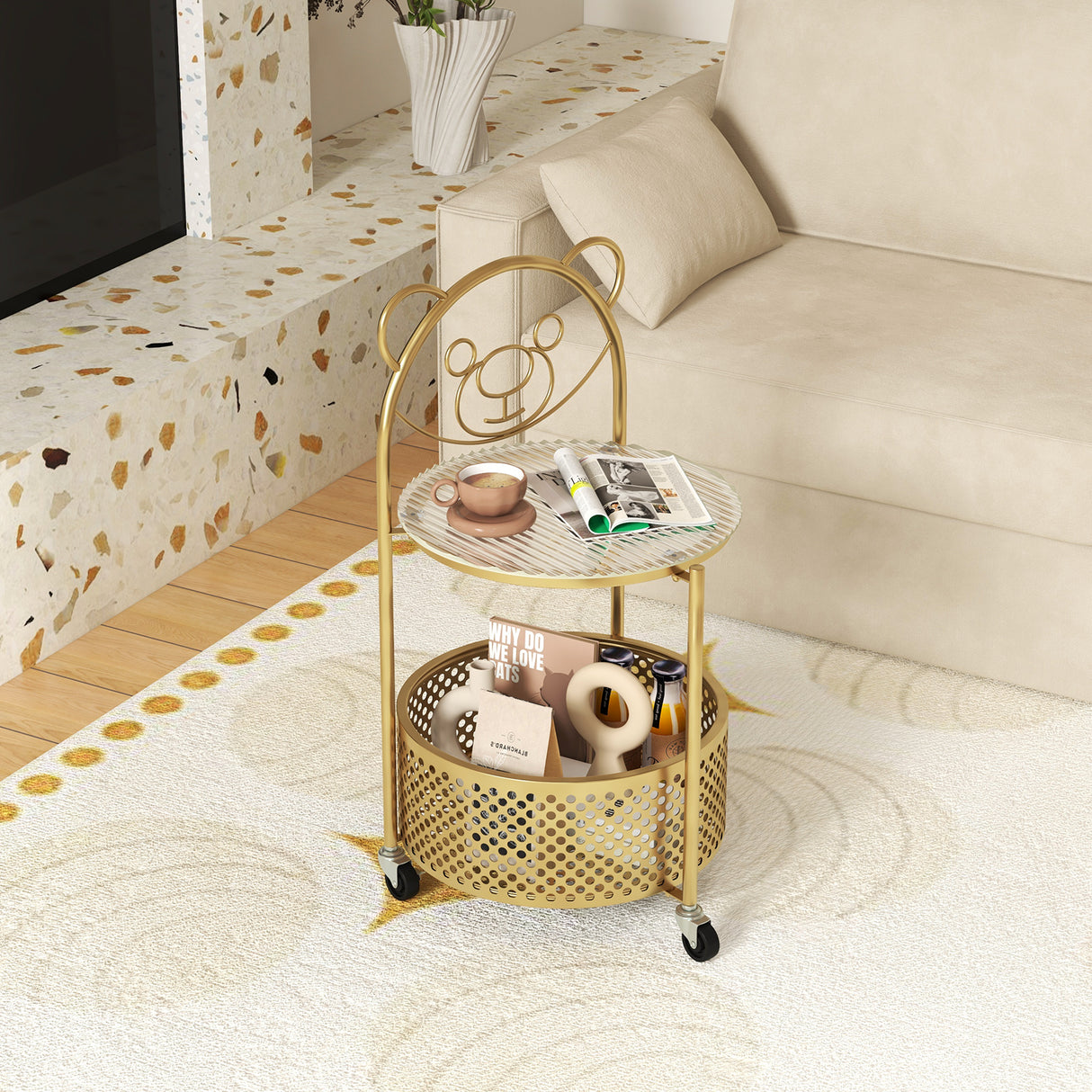 Modern Sofa Side Table on Lockable Wheels for Living Room Bedroom Study