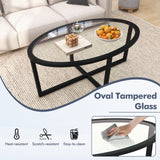 Glass Coffee Table Oval Living Room Table with Cross Base and Acacia Wood Legs-Black