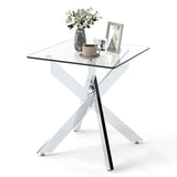 Glass Side Table Square End Table with Tempered Glass Top and Metal X Base-Silver