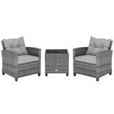 3 Pieces Outdoor Wicker Conversation Set with Tempered Glass Tabletop