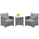 3 Pieces Outdoor Wicker Conversation Set with Tempered Glass Tabletop