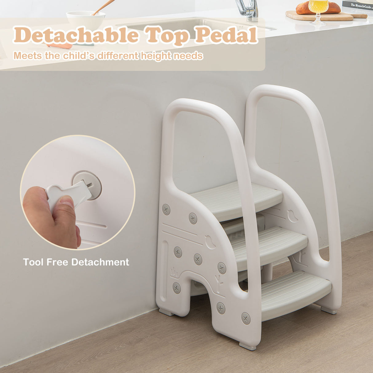3-Step Stool with Safety Handles and Non-slip Pedals for Toddlers-Gray