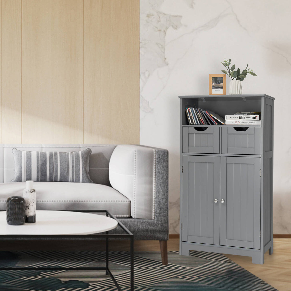Bathroom Wooden Side Cabinet  with 2 Drawers and 2 Doors