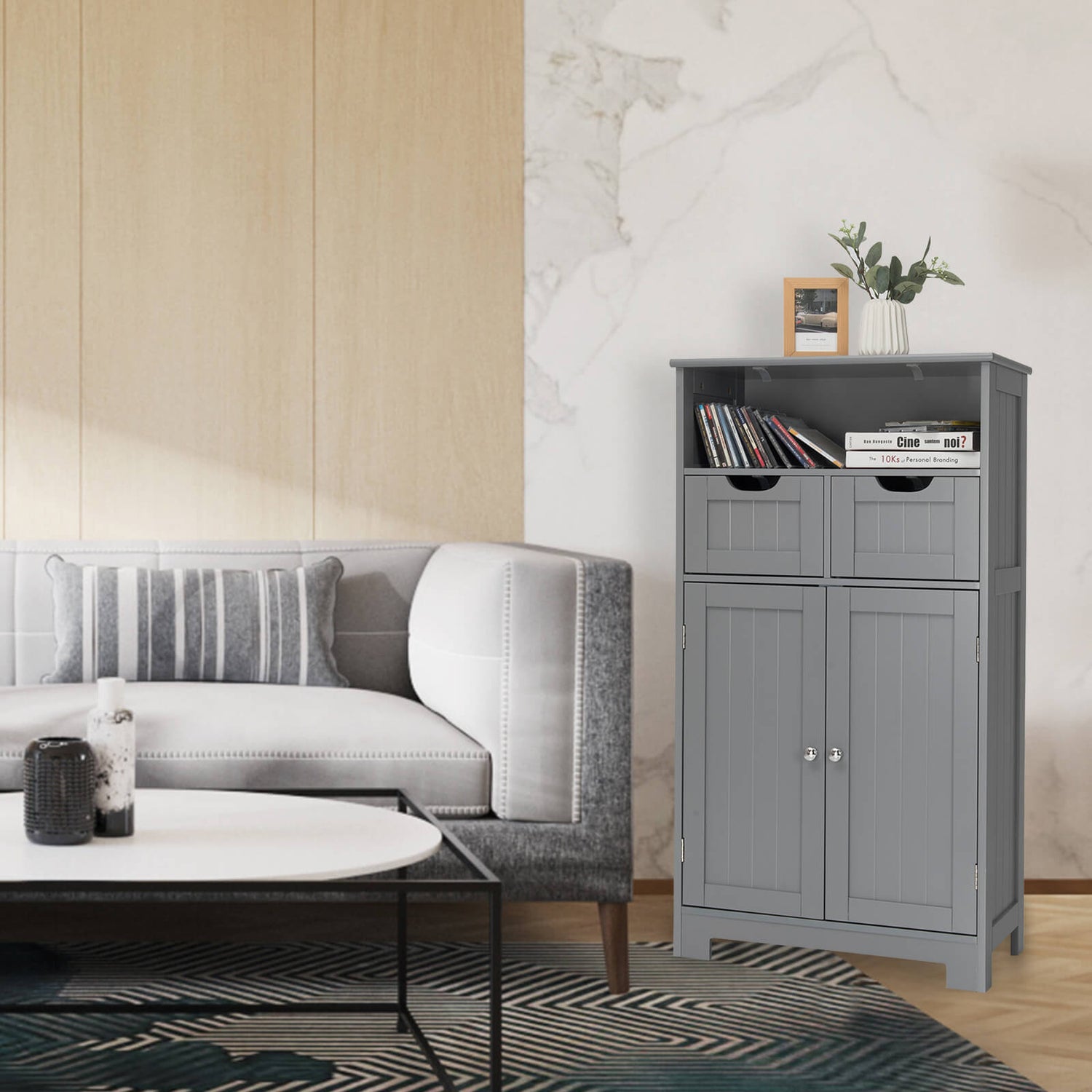 Bathroom Wooden Side Cabinet  with 2 Drawers and 2 Doors