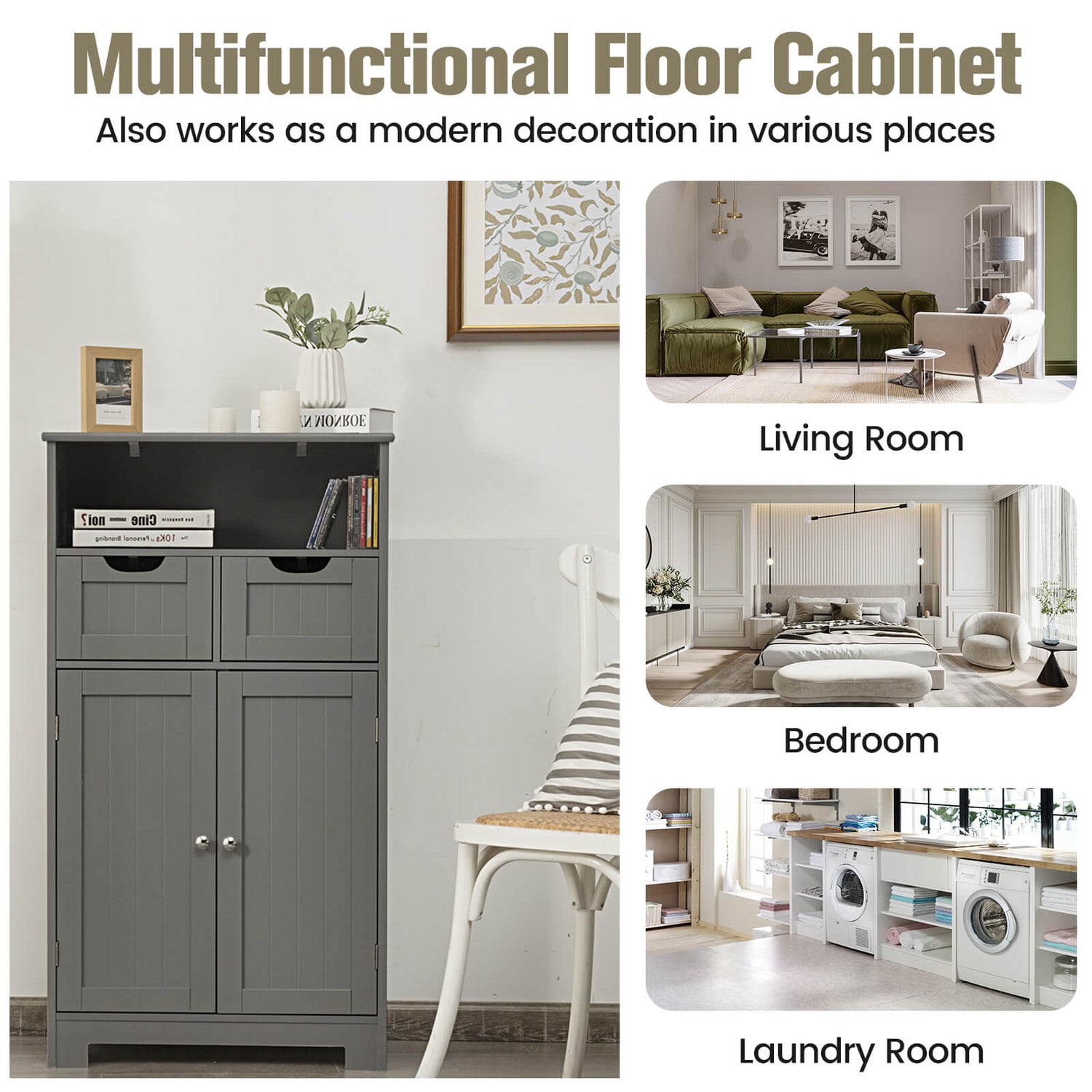 Bathroom Wooden Side Cabinet  with 2 Drawers and 2 Doors