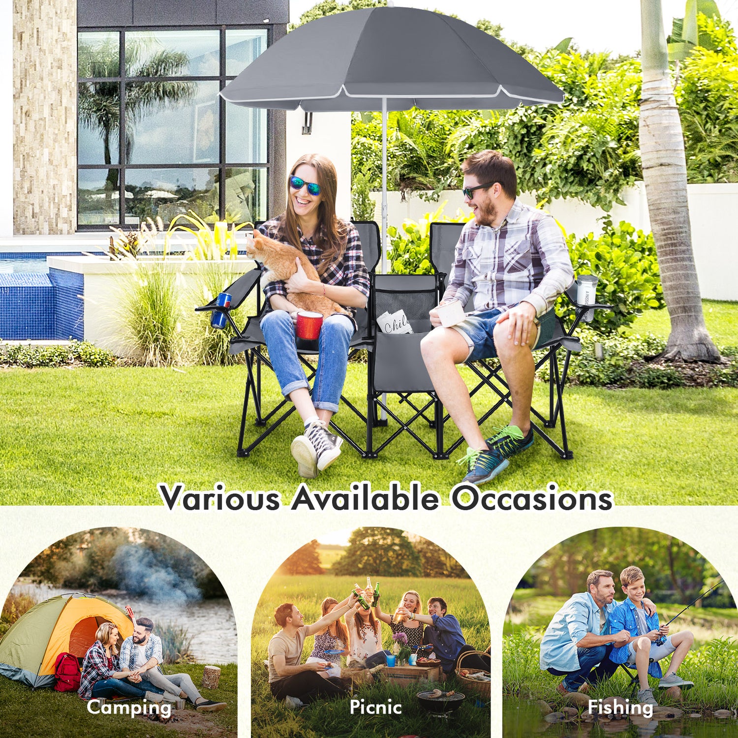 Portable Folding Picnic Double Chair with Umbrella