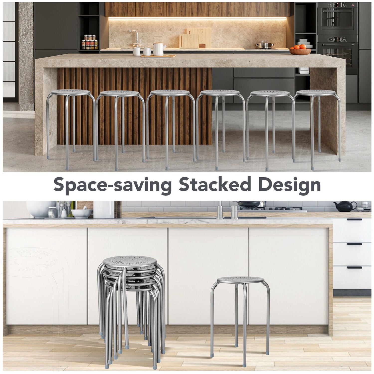 Set of 6 Stackable Multifunctional Daisy Design Backless Round Metal Stool Set