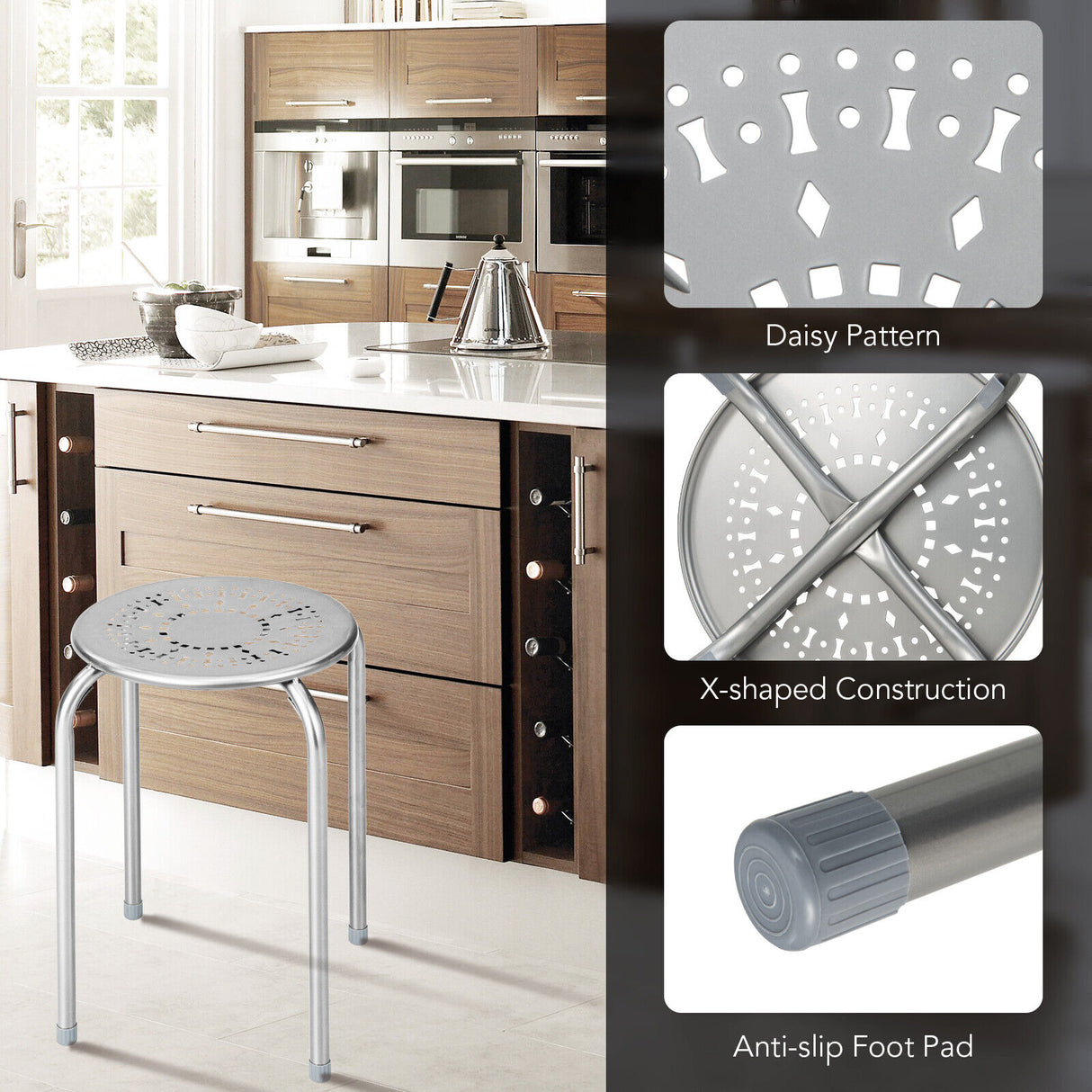Set of 6 Stackable Multifunctional Daisy Design Backless Round Metal Stool Set