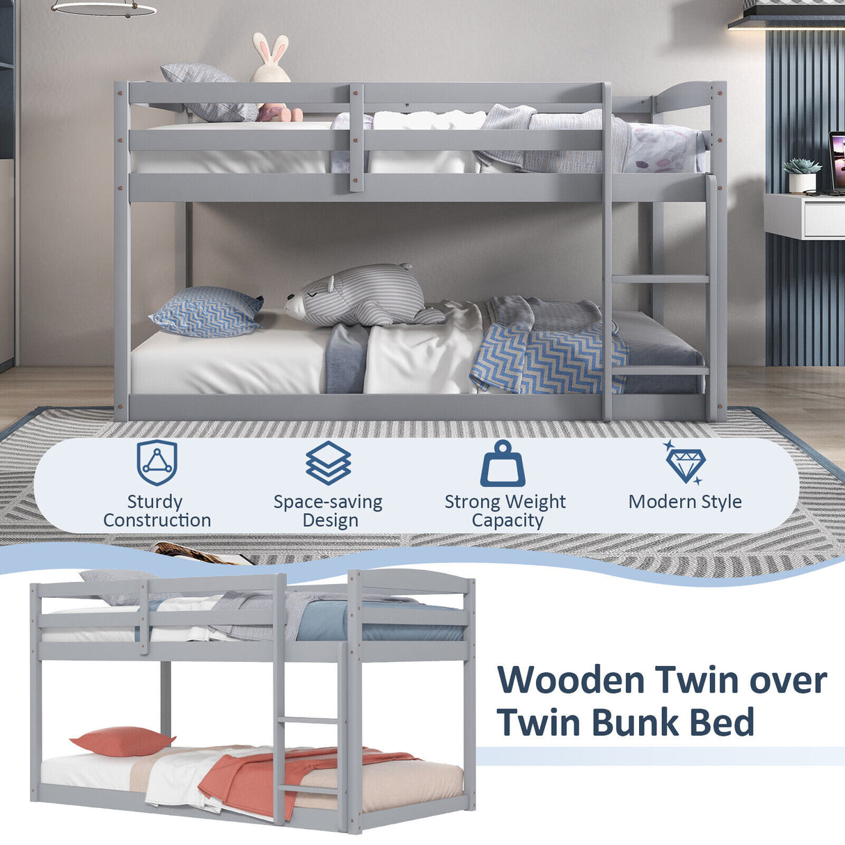 Twin Size Bunk Bed with High Guardrails and Integrated Ladder