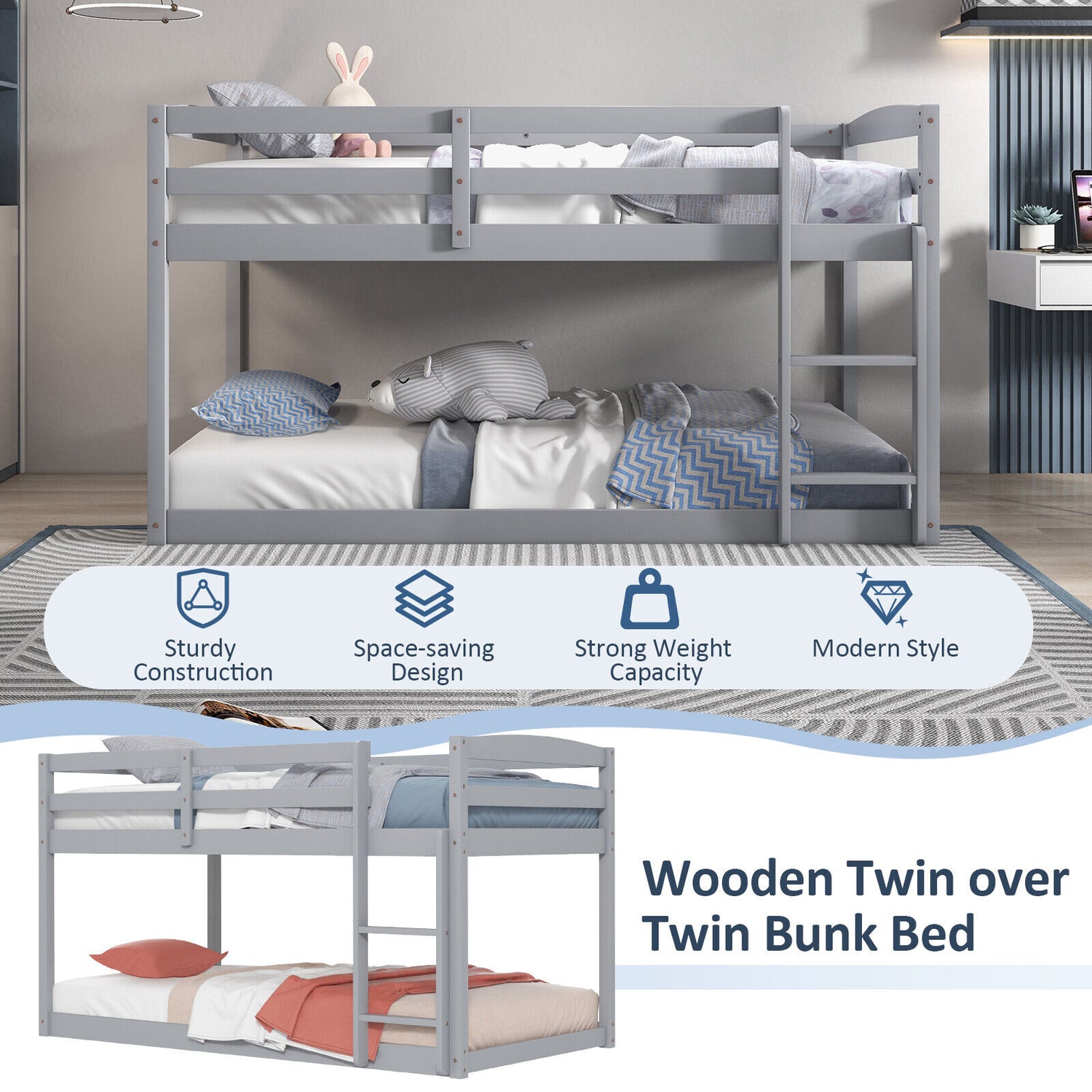Twin Size Bunk Bed with High Guardrails and Integrated Ladder