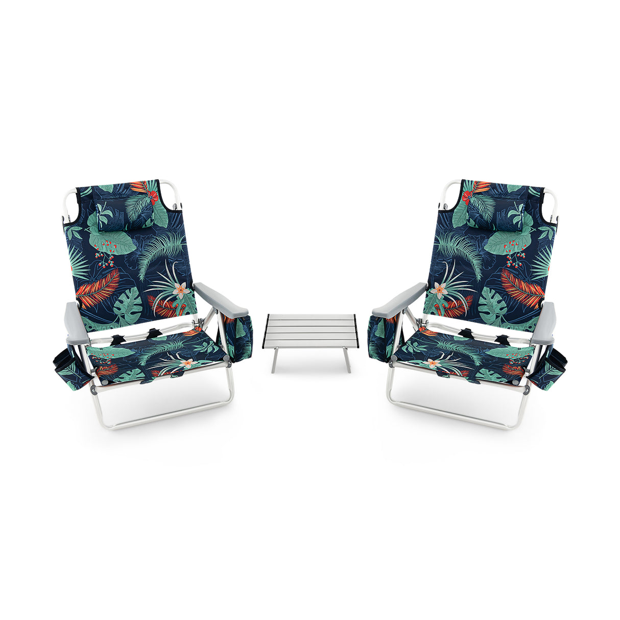 2 Packs 5-Position Outdoor Folding Backpack Beach Table Chair Reclining Chair Set