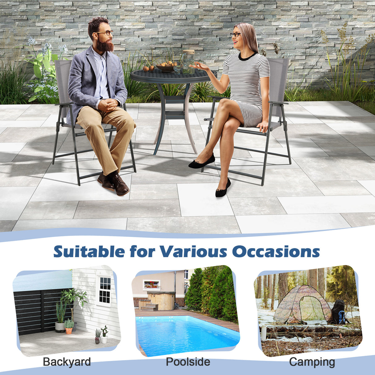 2 Pieces Patio Folding Chairs with Armrests for Deck Garden Yard