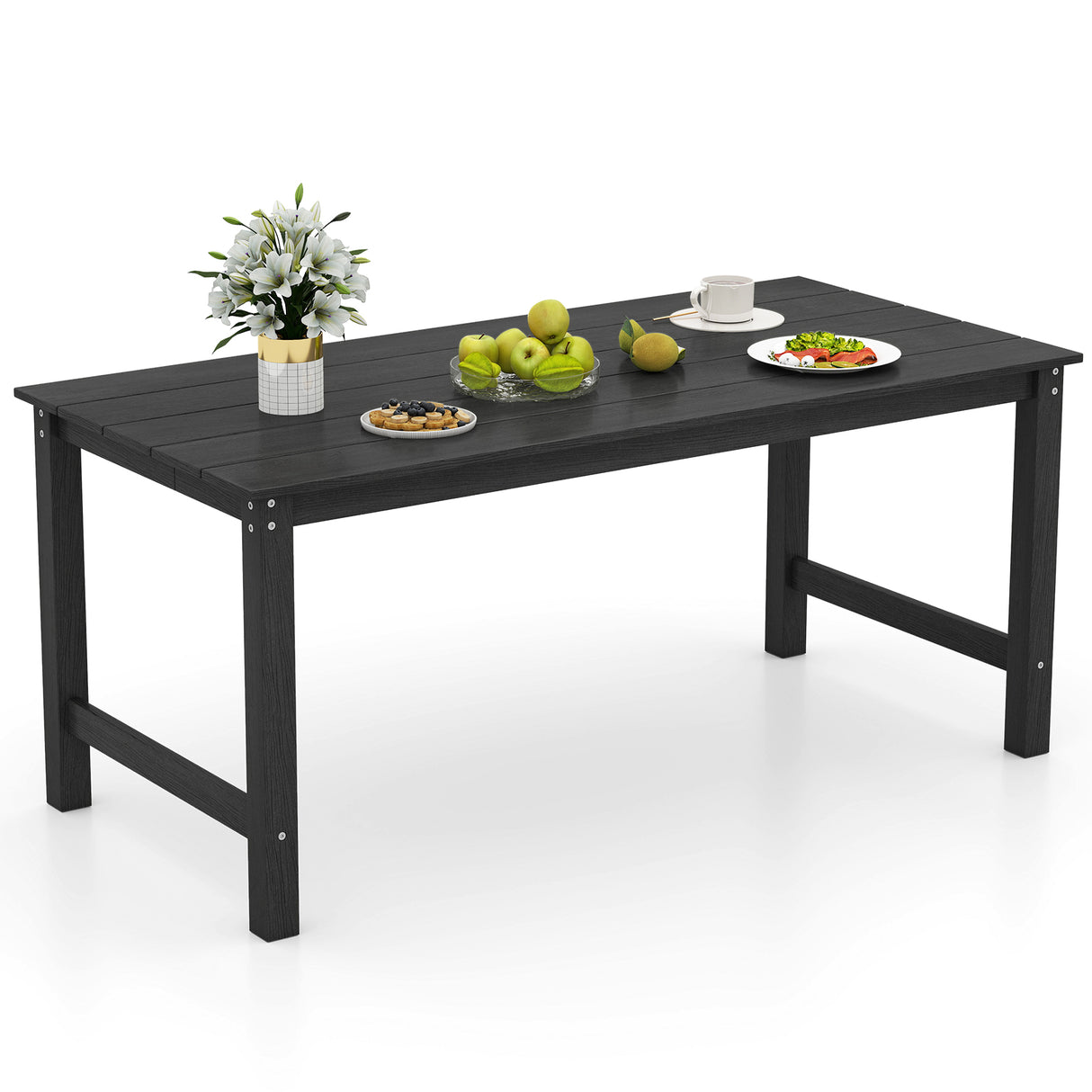HDPE Outdoor Dining Table for 6 Person with Wood-Like Tabletop and Umbrella Hole