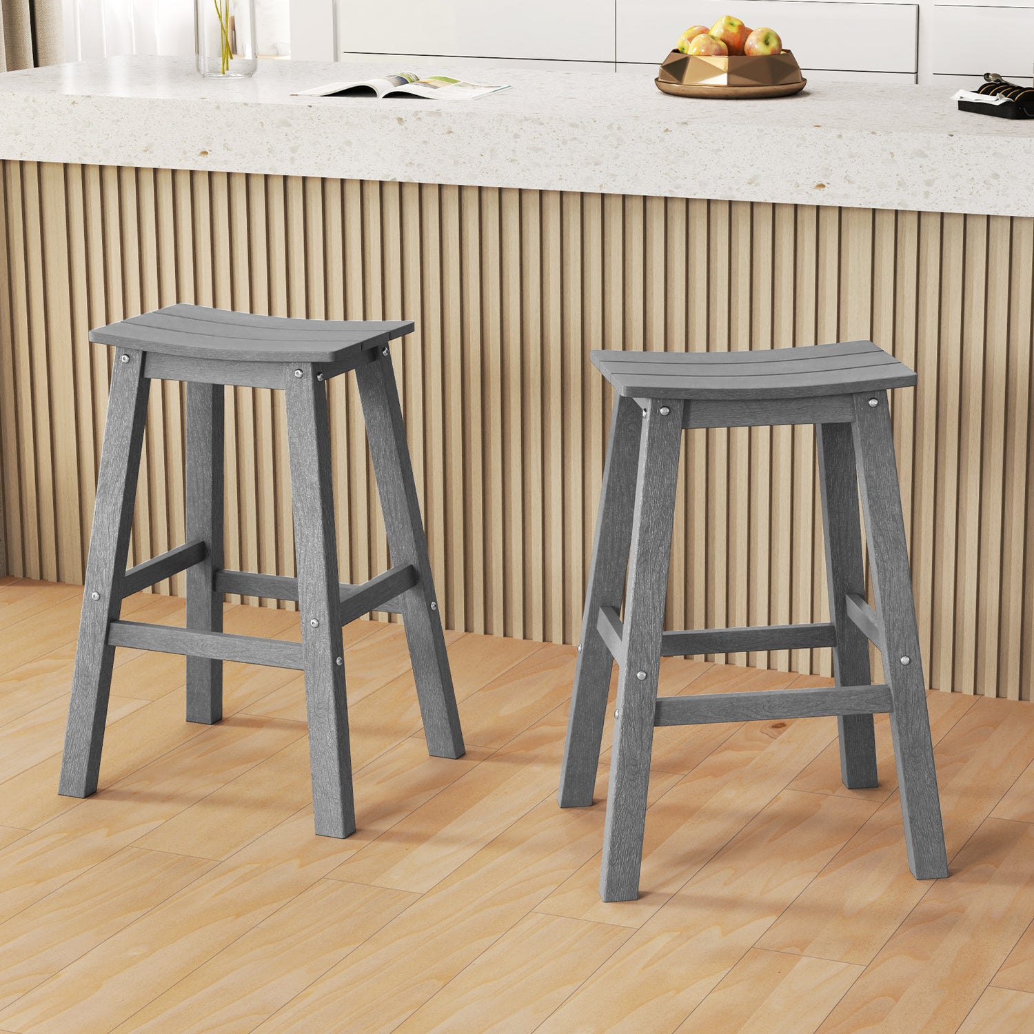 29 Inch HDPE Patio Bar Stool Set of 2 Armless Saddle Stools