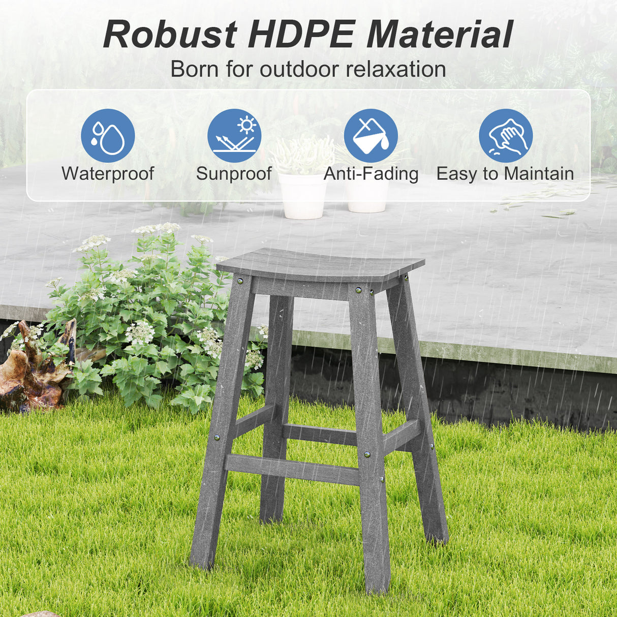 29 Inch HDPE Patio Bar Stool Set of 2 Armless Saddle Stools