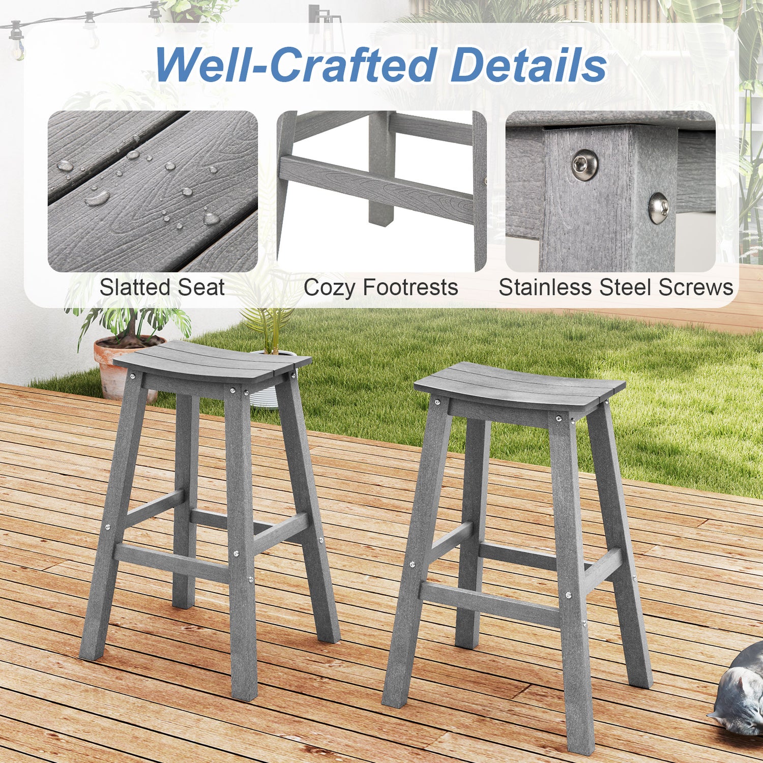 29 Inch HDPE Patio Bar Stool Set of 2 Armless Saddle Stools