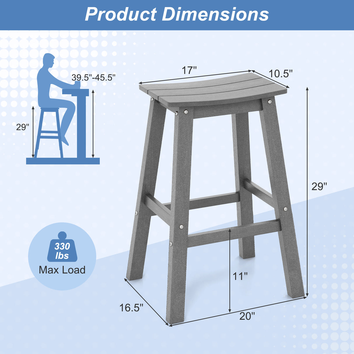 29 Inch HDPE Patio Bar Stool Set of 2 Armless Saddle Stools