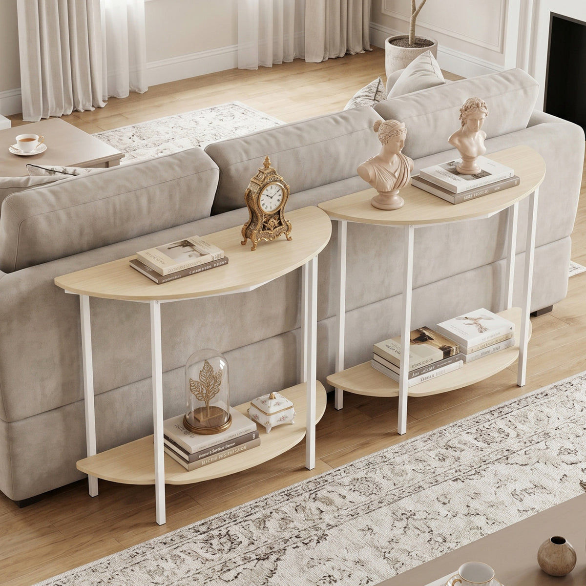 Half Moon Console Table 40 inch 2-Tier Entryway Table with Storage Shelf-Oak