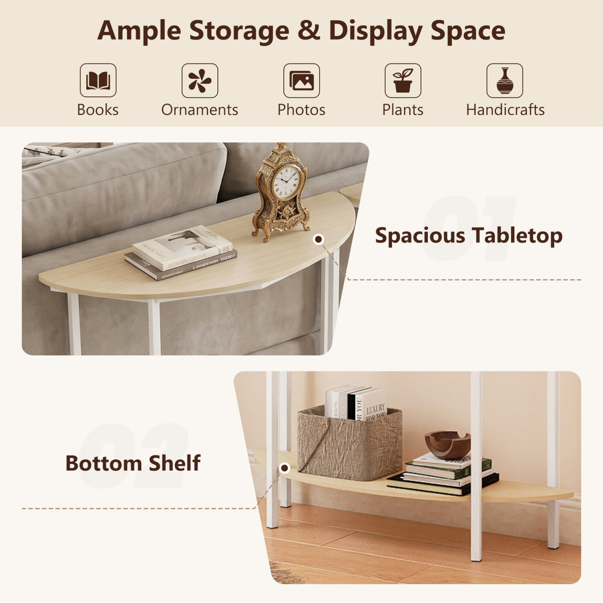 Half Moon Console Table 40 inch 2-Tier Entryway Table with Storage Shelf-Oak