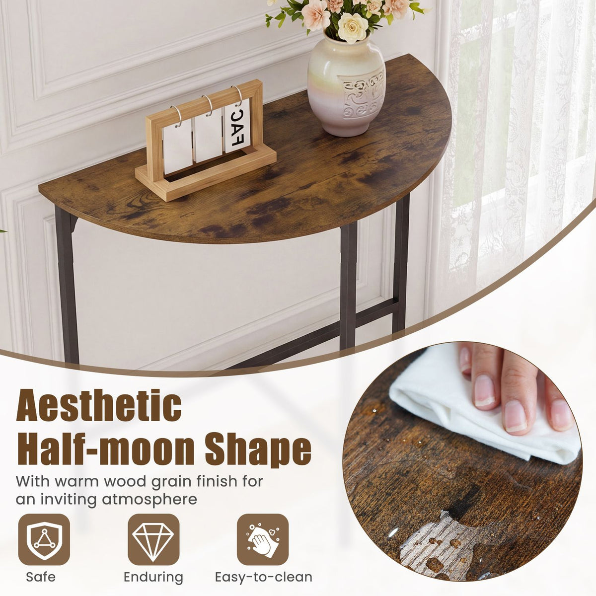 Half-moon Console Table Semi-circular Industrial Sofa Couch Table-Rustic Brown