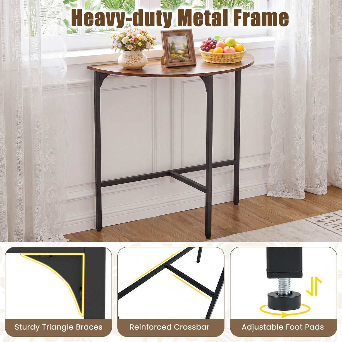 Half-moon Console Table Semi-circular Industrial Sofa Couch Table-Rustic Brown