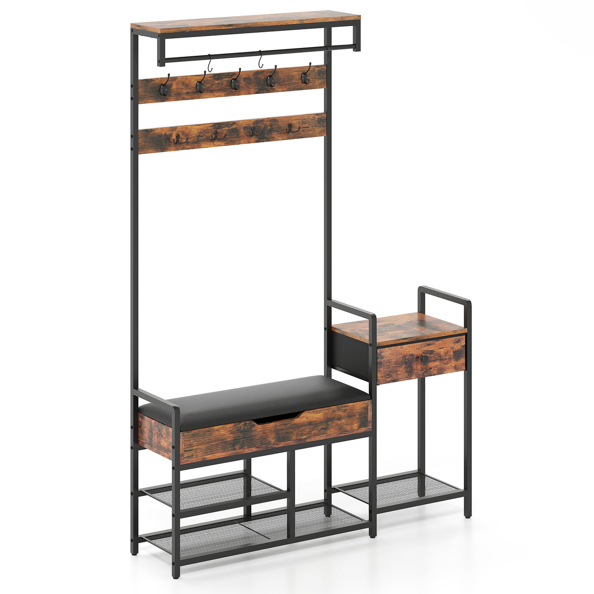 70 Inch Hall Tree with Shoe Storage Bench Freestanding Coat Rack-Rustic Brown