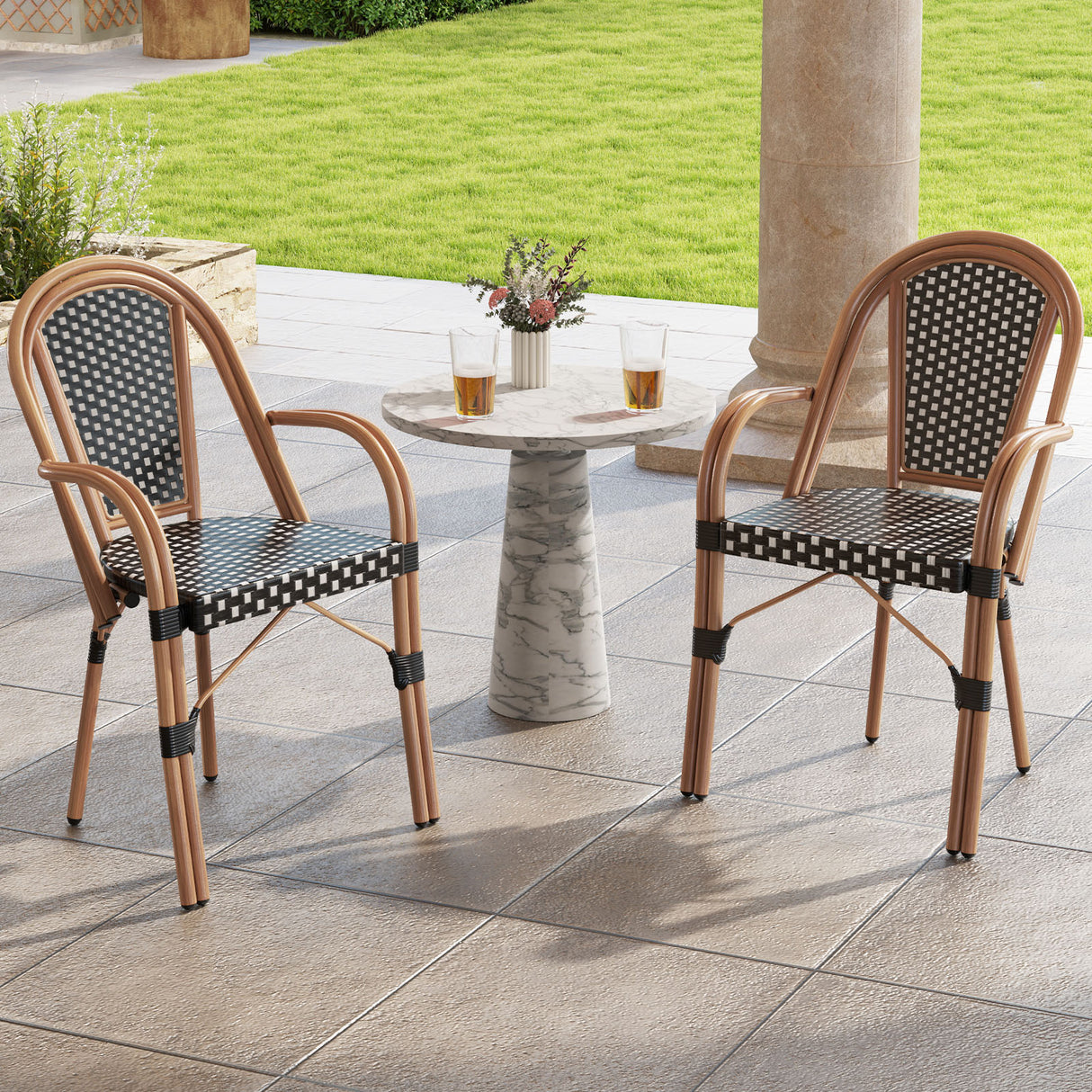 Hand-Woven PE Wicker Outdoor French Bistro Chairs Set of 2