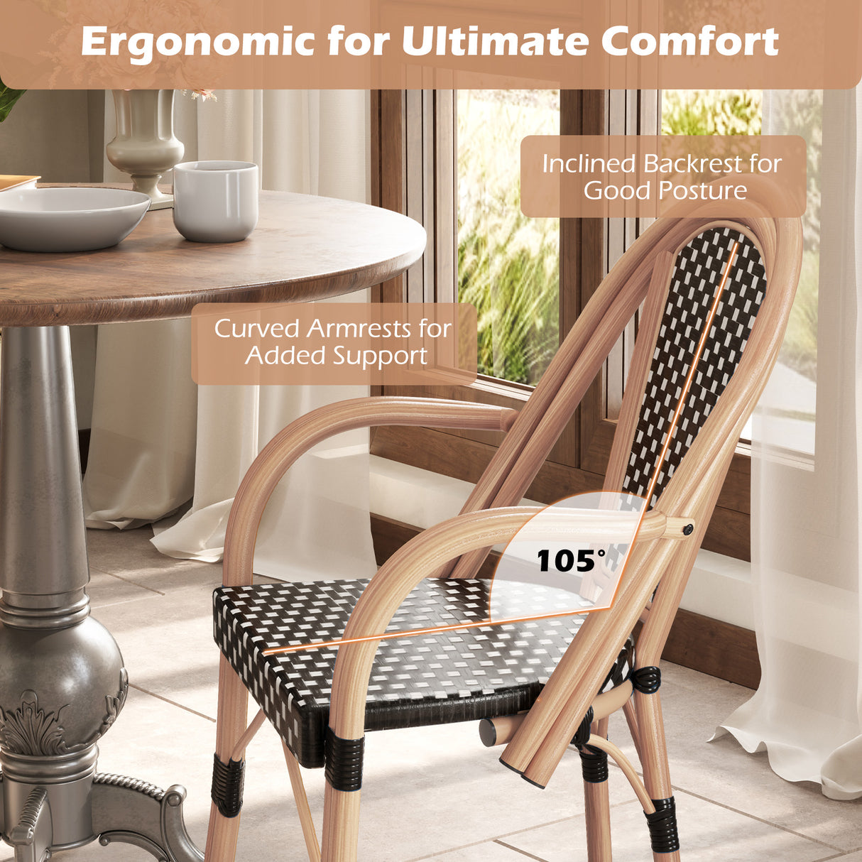 Hand-Woven PE Wicker Outdoor French Bistro Chairs Set of 2