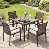 Hand-Woven PE Patio Dining Chairs Set of 4 with Acacia Wood Armrests for Yard-Beige