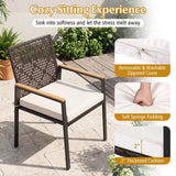 Hand-Woven PE Patio Dining Chairs Set of 4 with Acacia Wood Armrests for Yard-Beige
