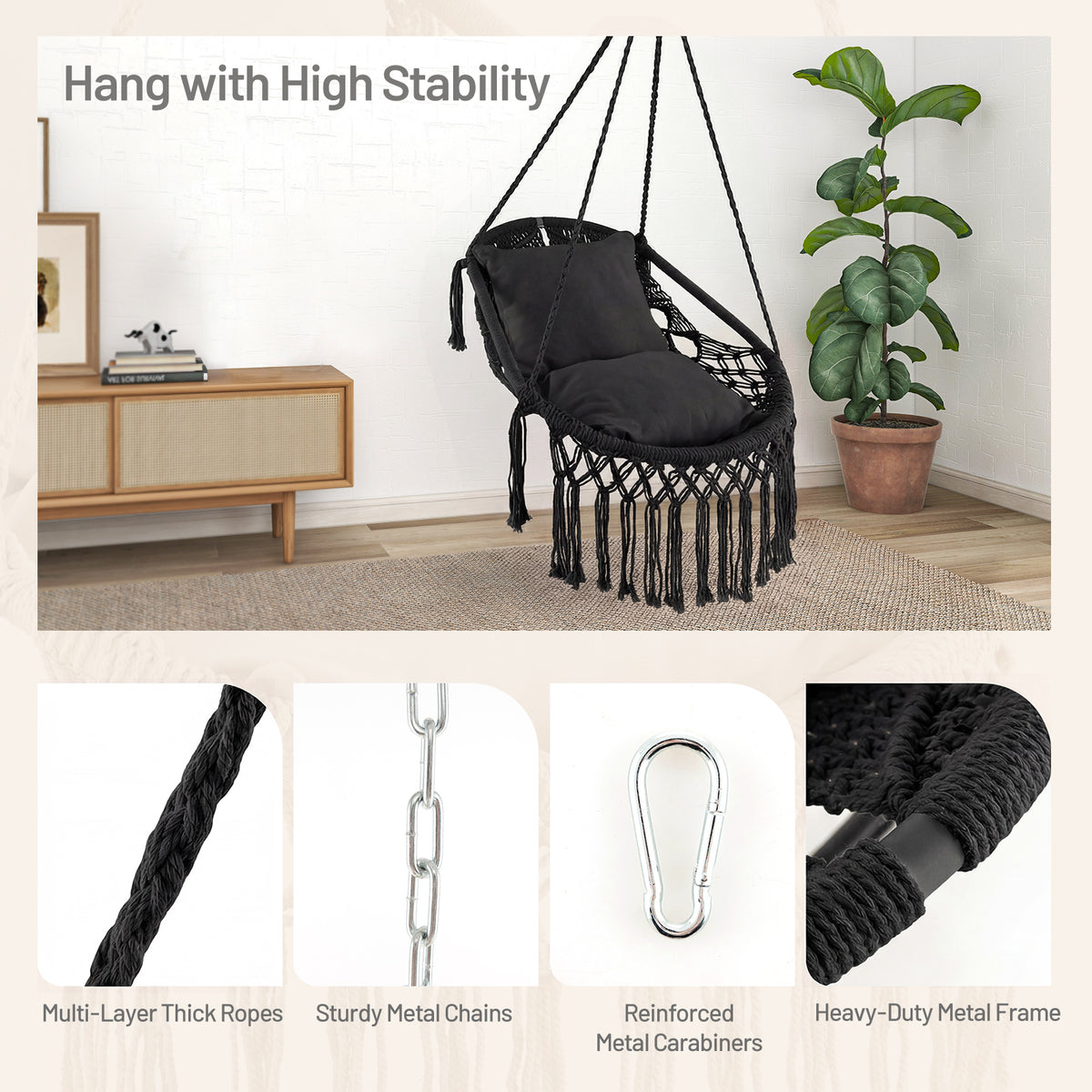 Hanging Hammock Chair with Soft Seat Cushions and Sturdy Rope Chain