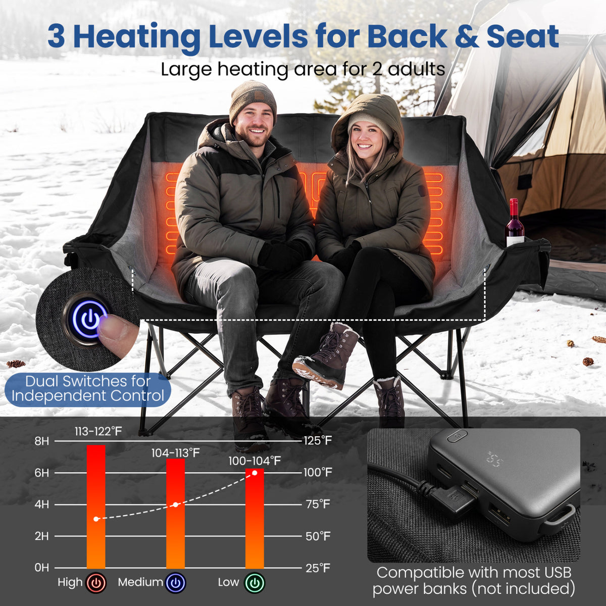Heated Double Camping Chair with 4 Heating Zones and Wine Glass Holders