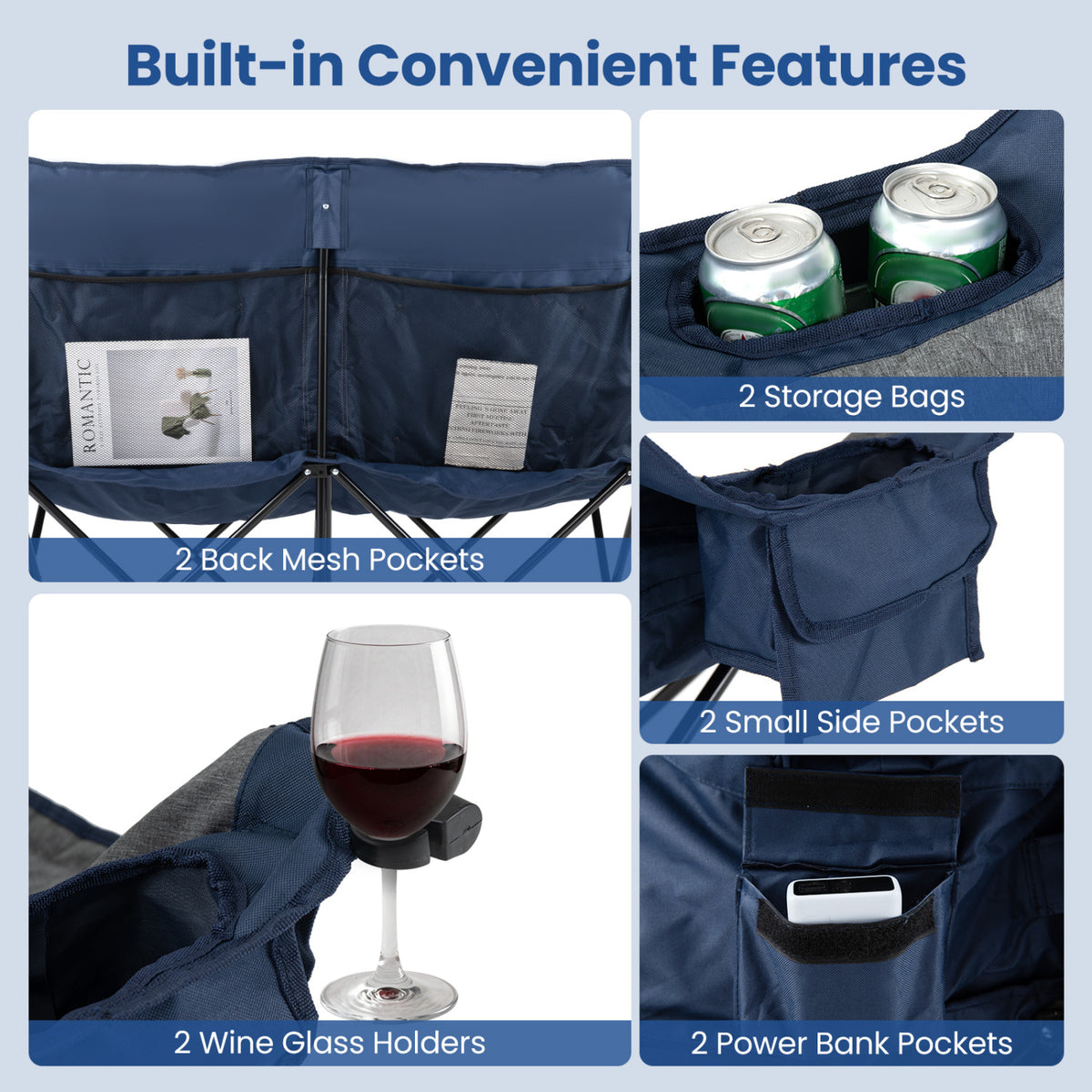 Heated Double Camping Chair with 4 Heating Zones and Wine Glass Holders